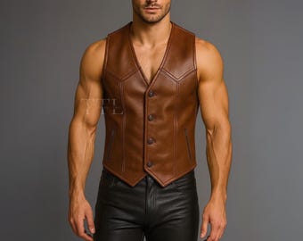 Handmade Sheepskin Leather Vest – Brown Western Cowboy Waistcoat