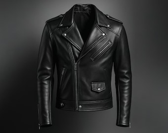 Handmade Black Cowhide Leather Biker Jacket – Vintage Moto Rocker Style