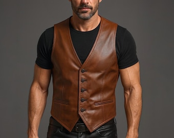 Men's Handmade Brown Leather Vest - Slim Fit Biker Waistcoat
