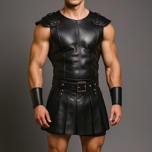 Genuine Leather Gladiator Armor Vest & Kilt Set - Handmade Black Roman Warrior Costume - Medieval LARP Renaissance Festival Cosplay Costume