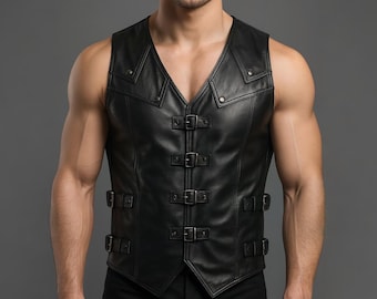 Handmade Black Leather Buckle Vest - Steampunk Gothic Biker Streetwear