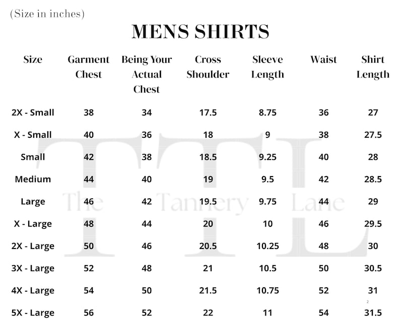 Puede incluir: Tabla de tallas de camisas para hombre, con medidas en pulgadas. La tabla incluye tallas desde 2X-Small hasta 5X-Large, detallando el pecho de la prenda, el pecho real, el hombro cruzado, la longitud de la manga, la cintura y el largo de la camisa.