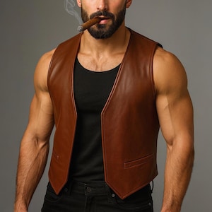 Men’s Genuine Sheep Leather Vest - Handmade Open Front Biker Waistcoat - Vintage Motorcycle Club Vest - Western Cowboy Real Leather Vest
