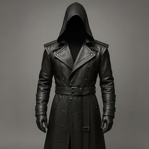 May include: A black leather hooded trench coat with a double-breasted design, shoulder epaulets, and a belted waist. The coat features long sleeves and is worn with black gloves. The overall style is sleek and modern.