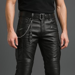 Men's Genuine Black Leather Pants - Handmade Biker Style Cargo Pants - Gothic Streetwear Trousers - Real Leather Jeans, Punk Motorbike Pants