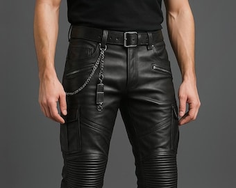 May include: Black leather pants with cargo pockets and ribbed knee panels. The pants have a black belt with a silver buckle and a chain with a small black rectangular accessory attached. The pants are made of a smooth, shiny leather material.