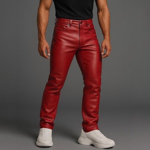 Men&#39;s Genuine Sheepskin Leather Pants | Handmade Real Leather Trousers | Red Biker Leather Jeans | 90s Retro Festival Rocker Style Pants