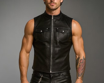 Gilet da motociclista in pelle nera fatto a mano - Stile rocker con cerniera frontale