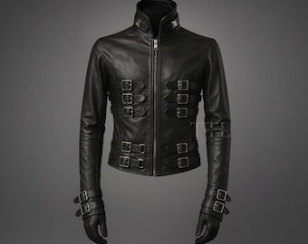 Handgemaakt zwart leren jack met gesp | Gothic steampunk motorjas