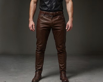 Pantalones de piel de oveja marrón oscuro hechos a mano – Pantalones de motociclista de corte ajustado