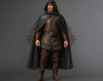 Medieval Leather Hooded Cloak - Handmade Renaissance Fantasy Cape for Men - Long Genuine Leather LARP Armor Cloak - Viking Cosplay Costume