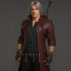 May include: A man in a dark red leather coat, black shirt, and black trousers. The coat features a long design with a belt and buckle. The man has grey hair and wears brown gloves.