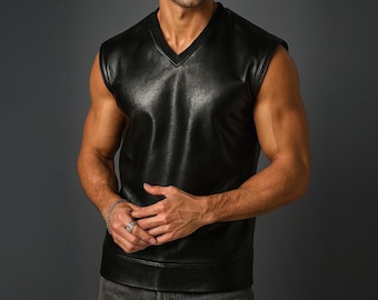 Chaleco de cuero negro hecho a mano, corte ajustado, estilo motero, con cuello en V