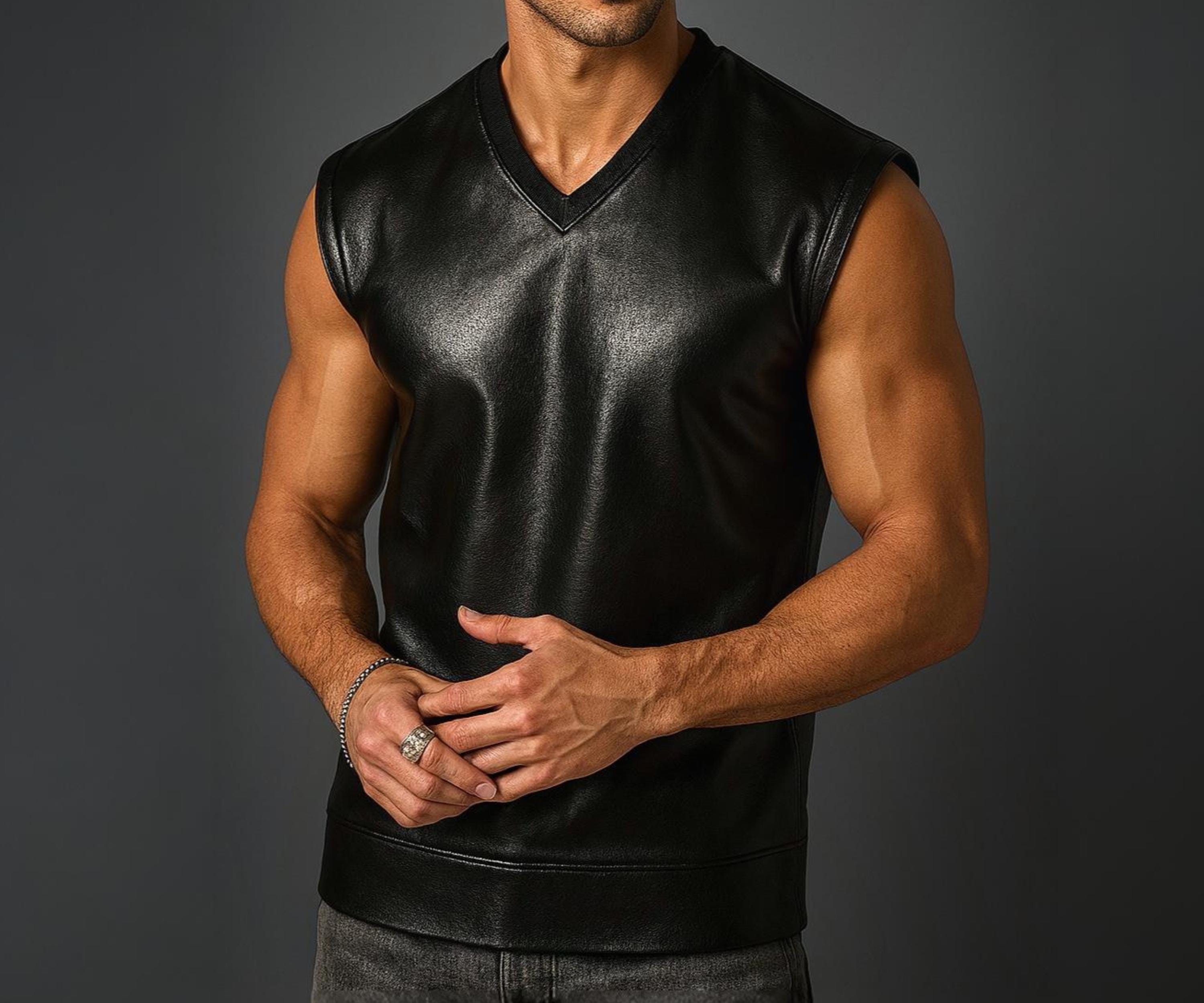 Racerback Tank Black Faux Leather Tank Top Leather Tank Top Men, image size:3000x2500
