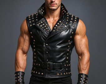 Men's Studded Leather Biker Vest - Spiked Punk Motorcycle Jacket