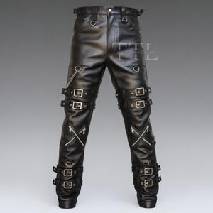 Handmade Genuine Leather Biker Pants – Gothic Buckle & Zipper Trousers