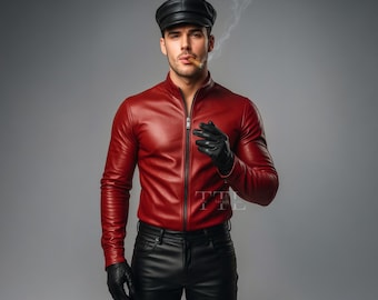 Red Leather Shirt for Men – Handmade Biker Cosplay Zip-Up Top