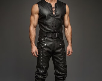 Genuine Leather Vest & Rivet Pants Set – Gothic Biker Outfit