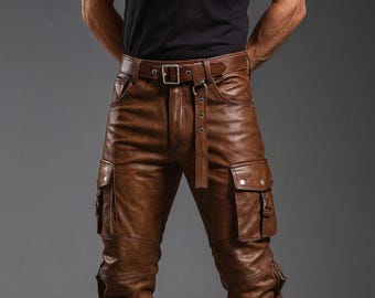 Men&#39;s Genuine Sheepskin Leather Cargo Pants - Brown Rugged Utility Streetwear Trousers - Biker Leather Jeans - Handmade Real Leather Pants