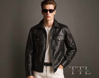 Men's Black Sheep Leather Trucker Jacket – Moto Style, Minimalist