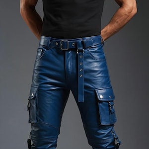 Genuine Leather Cargo Pants - Blue Tactical Inspired Streetwear Trousers - Handmade Gothic Utility Biker Pants - Real Leather Festival Pants