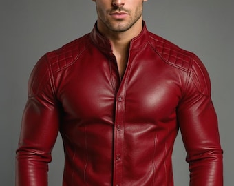 Men's Red Sheep Leather Shirt - Quilted Shoulder Slim Fit, Handmade