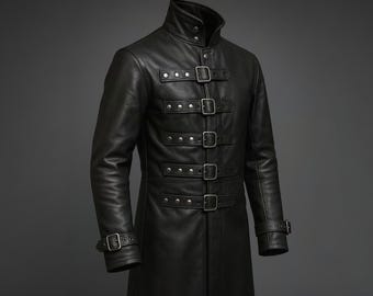 Handmade Genuine Leather Gothic Trench Coat - Buckle Studded Duster