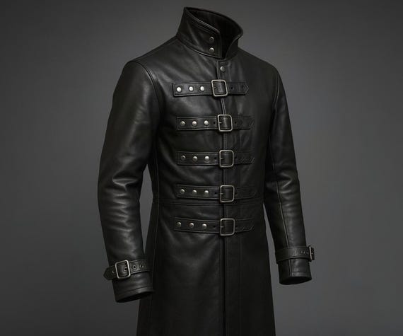 Genuine Leather Trench Coat Black Gothic Steampunk Military