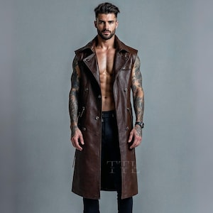 Men&#39;s Genuine Leather Long Vest - Sleeveless Trench Coat - Brown Distressed Leather Duster - Handmade Steampunk Gothic Biker Overcoat