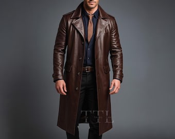 Men's Brown Leather Duster Trench Coat - Handmade Steampunk Overcoat