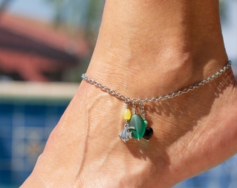 Angle fish charm anklet, green sea glass, adjustable stainless steel chain, waterproof beach jewelry, bohemian style, gift for her