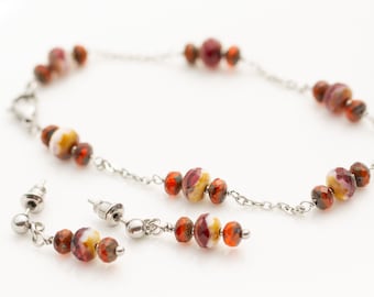 Boho jewelry set, autumn colors, one-of-a-kind adjustable bracelet and earrings, minimalist jewelry, unique gift for her