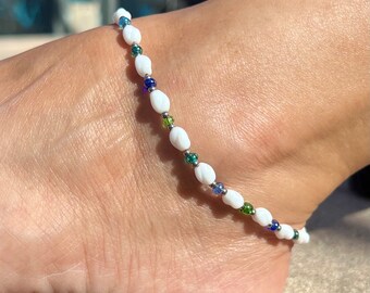 White glass beaded anklet bracelet, with blue/green Czech seed beads, boho jewelry, pool jewelry, beach anklet, gift for her