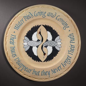 Hand-Carved Zen Poem Round Wood Wall Art With Traditional Japanese Design ("Two Cranes")