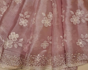 Pink and White Floral Organza Saree