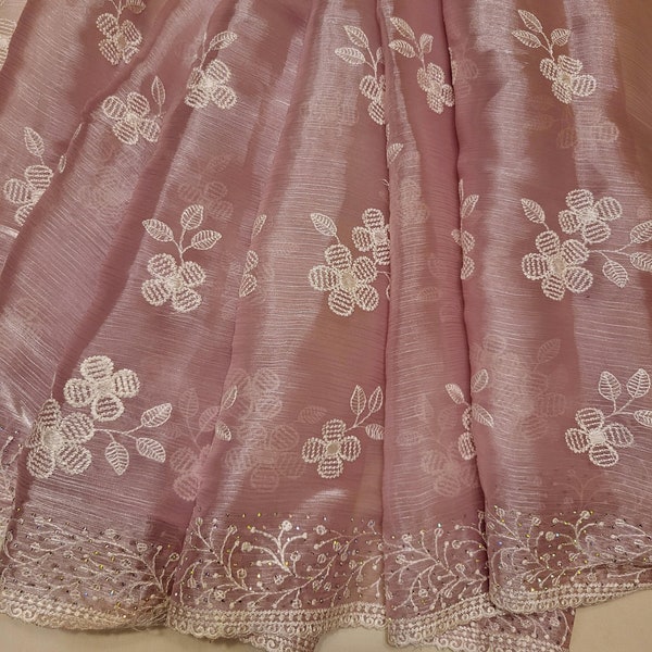 Pink and White Floral Organza Saree