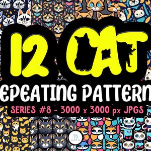 May include: A collage of 12 different cat-themed repeating patterns. Each pattern features a variety of cute cats in different colors and poses. The patterns are all 3000 x 3000 pixels and are perfect for use in digital or print projects.