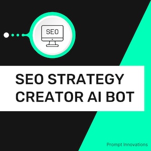Puede incluir: Un gráfico con un fondo negro y un rectángulo blanco con el texto "SEO STRATEGY CREATOR AI BOT" en negro. Un círculo verde con un contorno blanco contiene un icono en blanco y negro de un monitor de computadora con la palabra "SEO" en la pantalla. El gráfico tiene un fondo verde y negro.