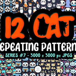 May include: Twelve digital cat illustrations in repeating patterns. Each pattern is 3000 x 3000 pixels and is available as a JPG file. The patterns feature various cat designs with different colors and expressions.