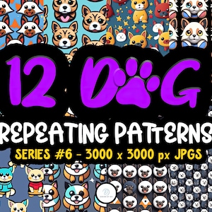 May include: Twelve digital illustrations of cute dog breeds in various poses and colors. Each illustration is a seamless repeating pattern, perfect for crafting projects or digital design. The patterns are 3000 x 3000 pixels and in JPG format.