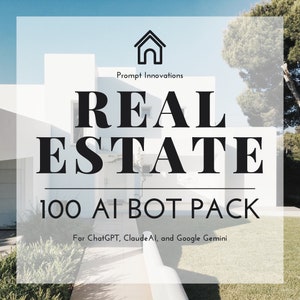 Op de afbeelding: Een witte en grijze afbeelding met de tekst "Prompt Innovations" en "REAL ESTATE 100 AI BOT PACK" met de tagline "Voor ChatGPT, Claude AI en Google Gemini".