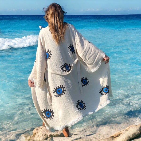 Evil Eye Kimono  Boho Women Kimono Cardigan Dress Cardigan Japanese Gifts Floral Teal Summer Nightwear Beach Robe Mothers Day Gift