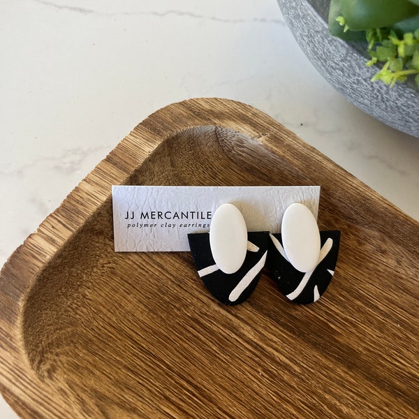 Black & White Almond Statement Stud | CLAY EARRINGS | Handmade | Hypoallergenic