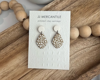 Tan & White Leopard Teardrops | CLAY EARRINGS | Handmade | Hypoallergenic