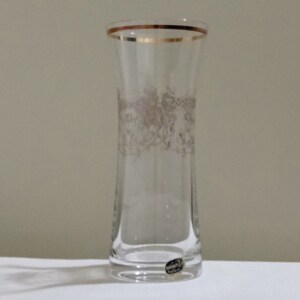 Very Rare, Vintage Bohemia Crystal 16 Oz. Flat Tumbler. Beautiful Pantograph Etching In Rose Gold. Floral And A Zig Zag Pattern Ring.