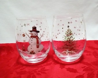 2 Crystal, 20 Oz. Hand Painted Christmas Glasses