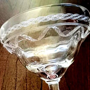 2 (Pre 1965) Bryce Brothers Clear, Etched Crystal Cocktail Glasses. Narrow Optic With Etched Braiding, Swags And A Beautiful Twisted Stem