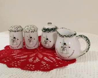 4 Pc. Set "We Can Build A Snowman" Stoneware Sugar Bowl With Lid, Cream Pitcher And Salt And Pepper Shakers. Unused
