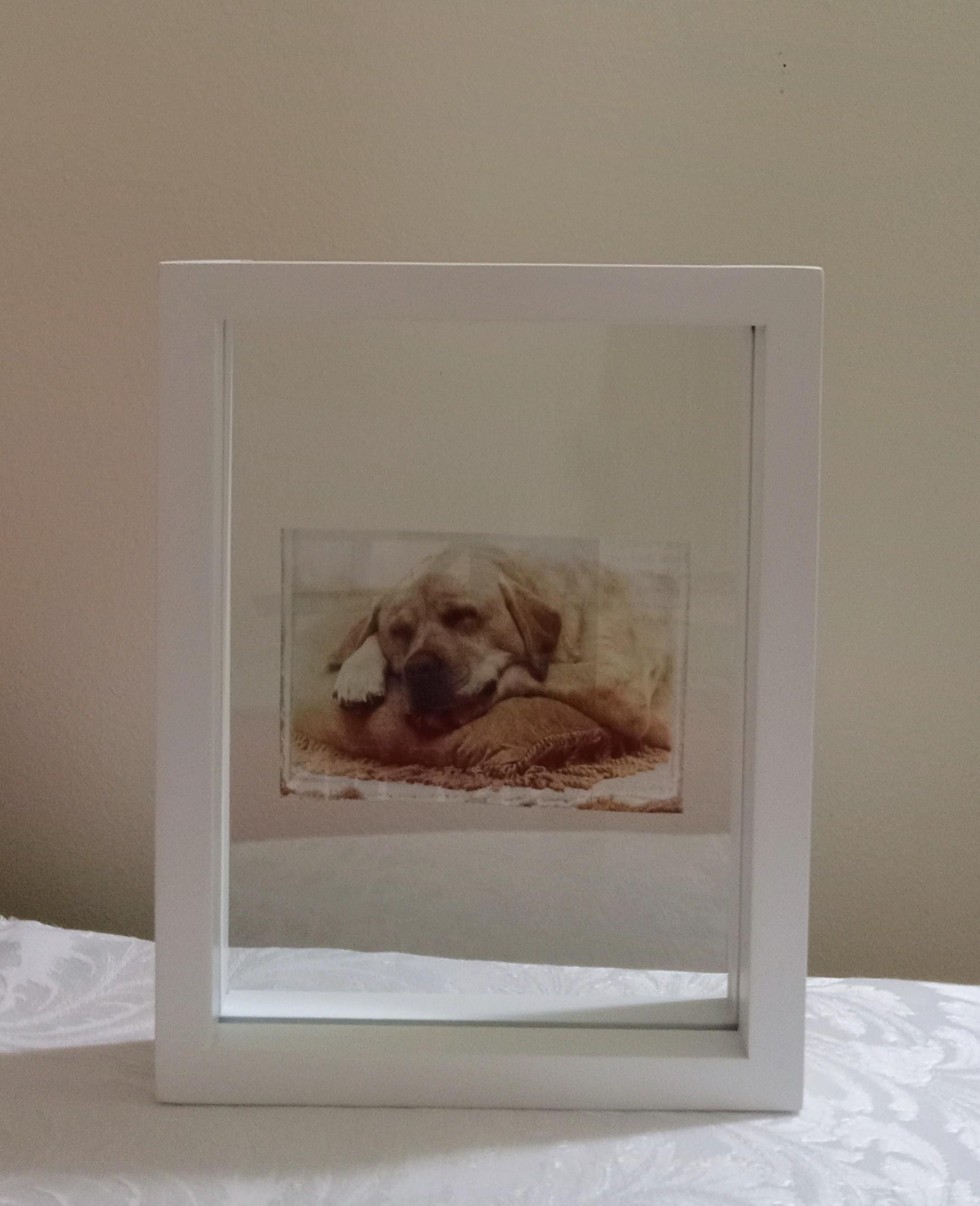 4 Piece White Floating Frame. White Frame, 2 Sheets Of Glass And Sliding Glass Holder. Can Hold A Picture Or Artwork Up To 7 5/8" X 5 5/8"
