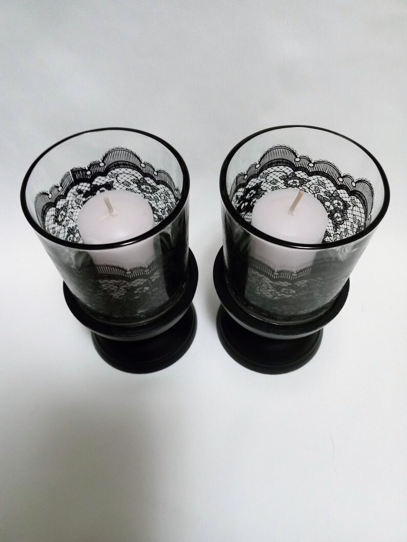 2 Black Lace Candle Holders With Black Bases Etsy